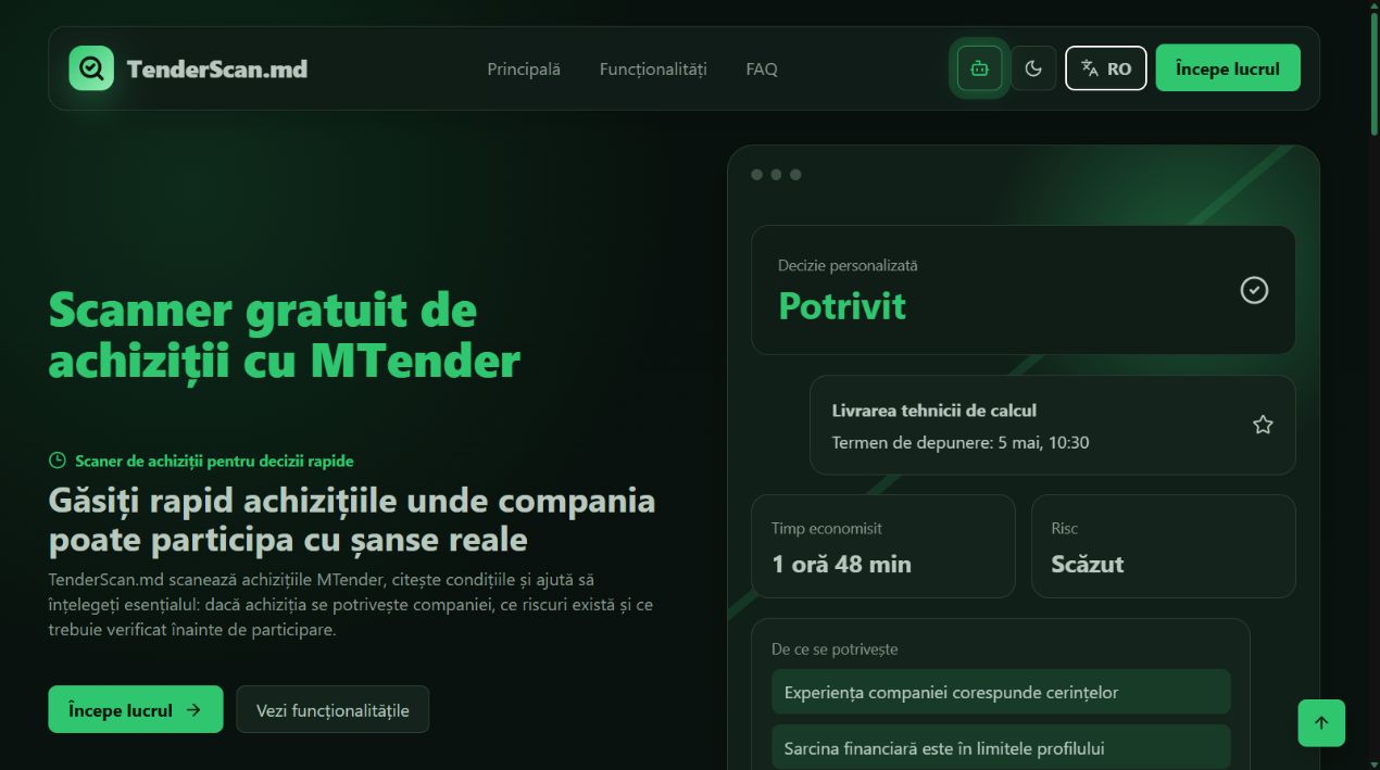 Captură reală a paginii TenderScan.md în limba română